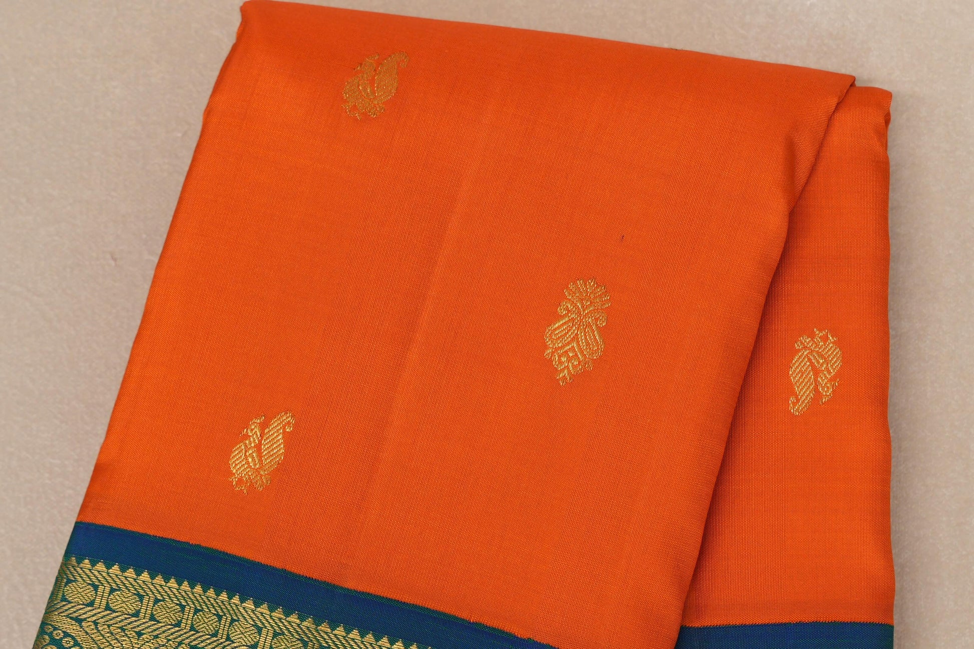 Bright orange with Peacock Blue borders Vintage Kanjivaram Silk Saree by Shreenivas Silk body