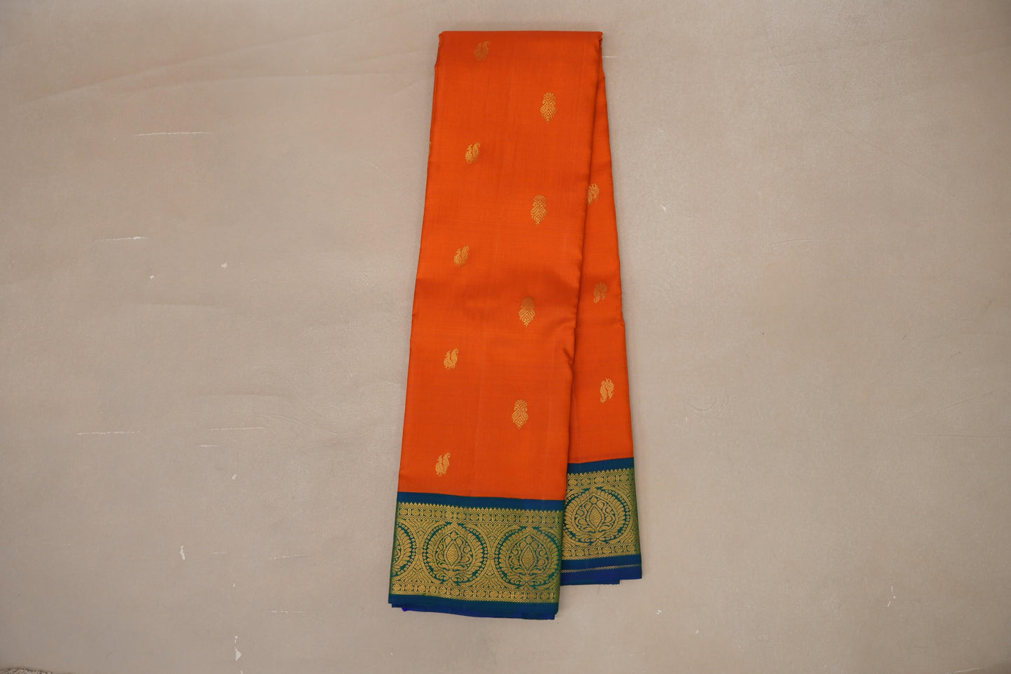 Bright orange with Peacock Blue borders Vintage Kanjivaram Silk Saree by Shreenivas Silks PSSR018976
