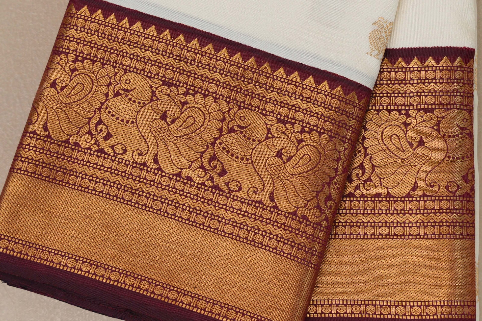 Cream with Deep Maroon borders Vintage Kanjivaram Silk Saree by Shreenivas Silks border