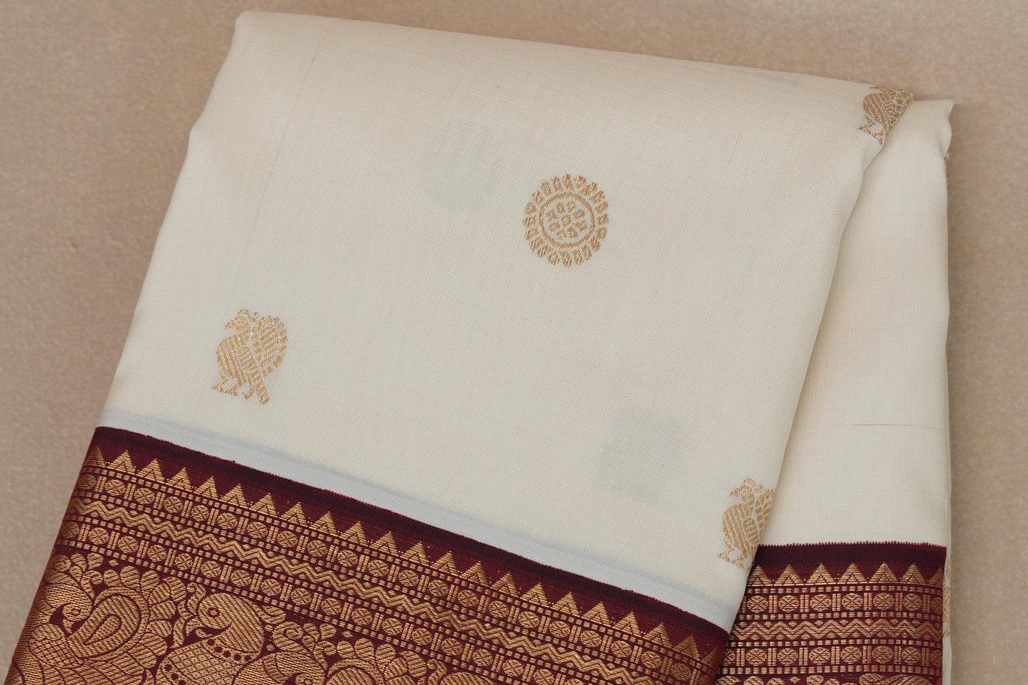 Cream with Deep Maroon borders Vintage Kanjivaram Silk Saree by Shreenivas Silks body