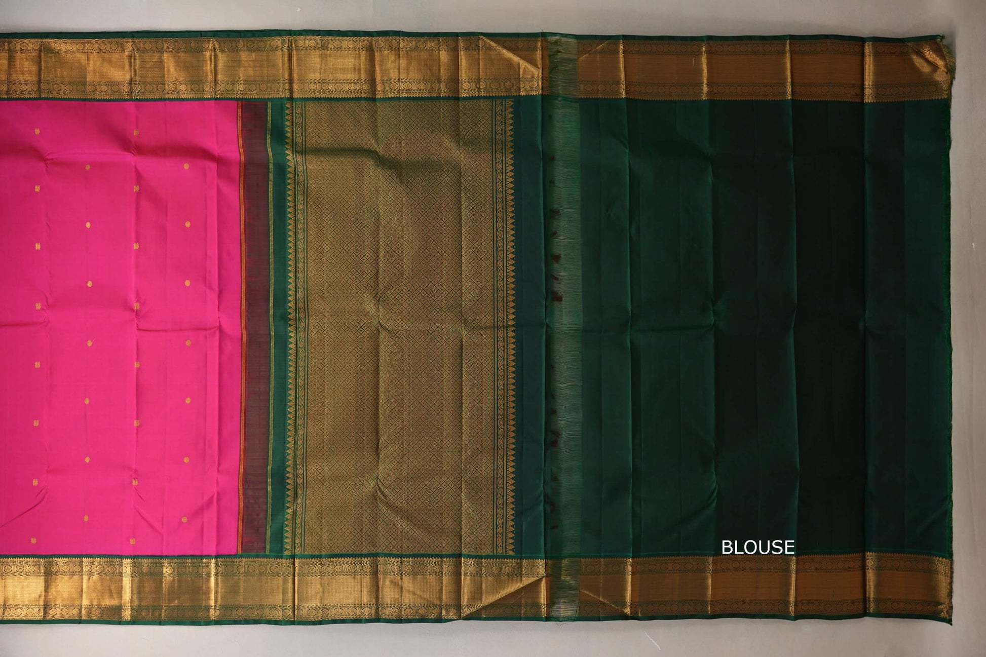 Bright rani pink with Bottle Green border Vintage Kanjivaram Silk Saree blouse