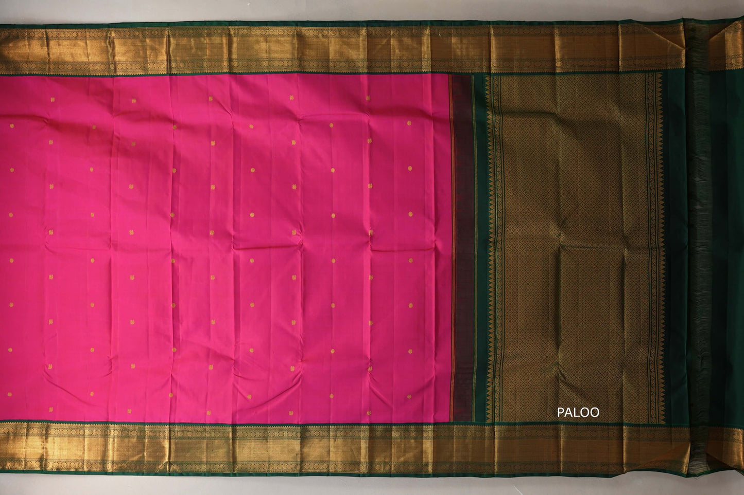 Bright rani pink with Bottle Green border Vintage Kanjivaram Silk Saree paloo