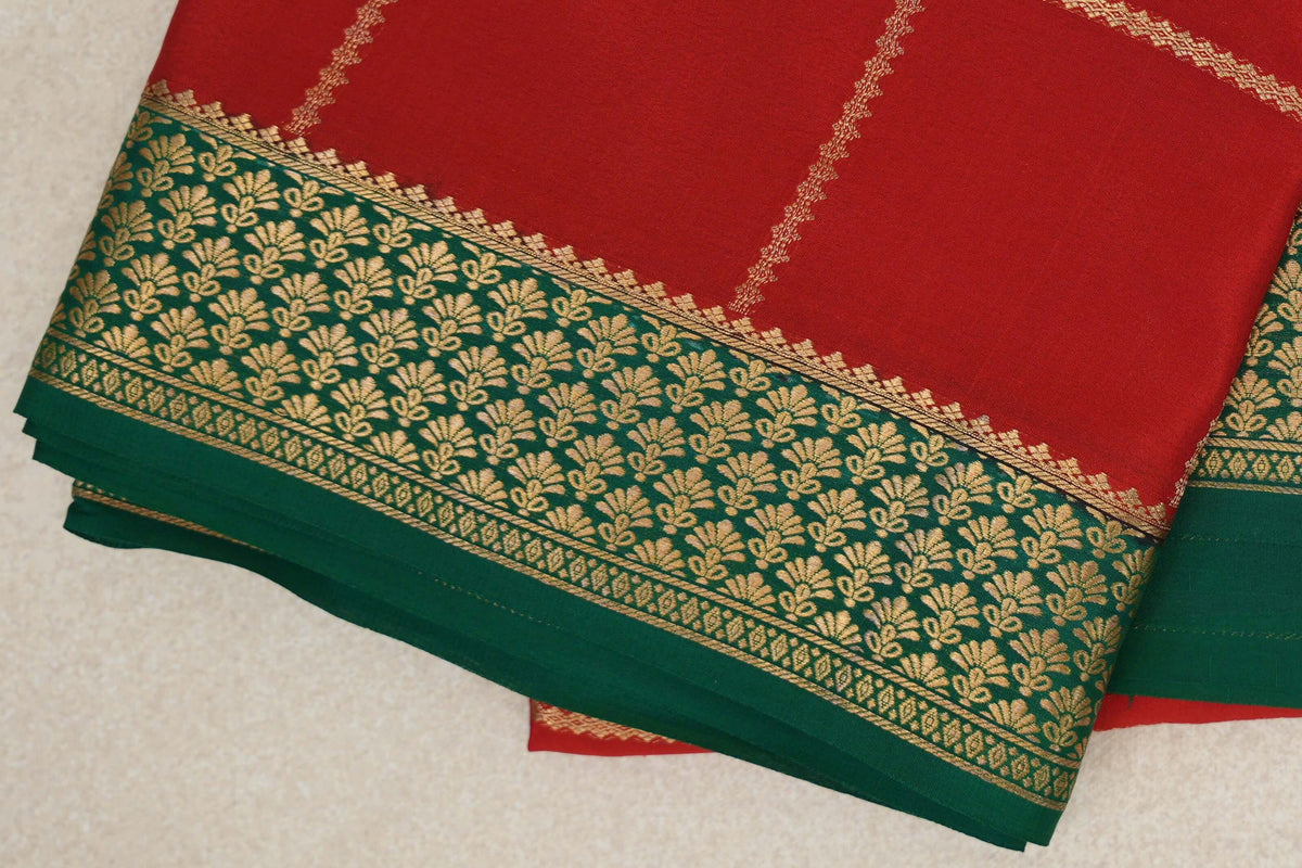 Tomato Red with Deep Emerald Green Borders Mysore Silk Saree by Shreenivas Silks PSSR0110123