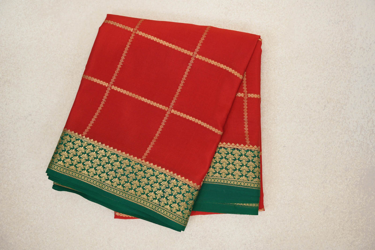 Tomato Red with Deep Emerald Green Borders Mysore Silk Saree by Shreenivas Silks PSSR0110123