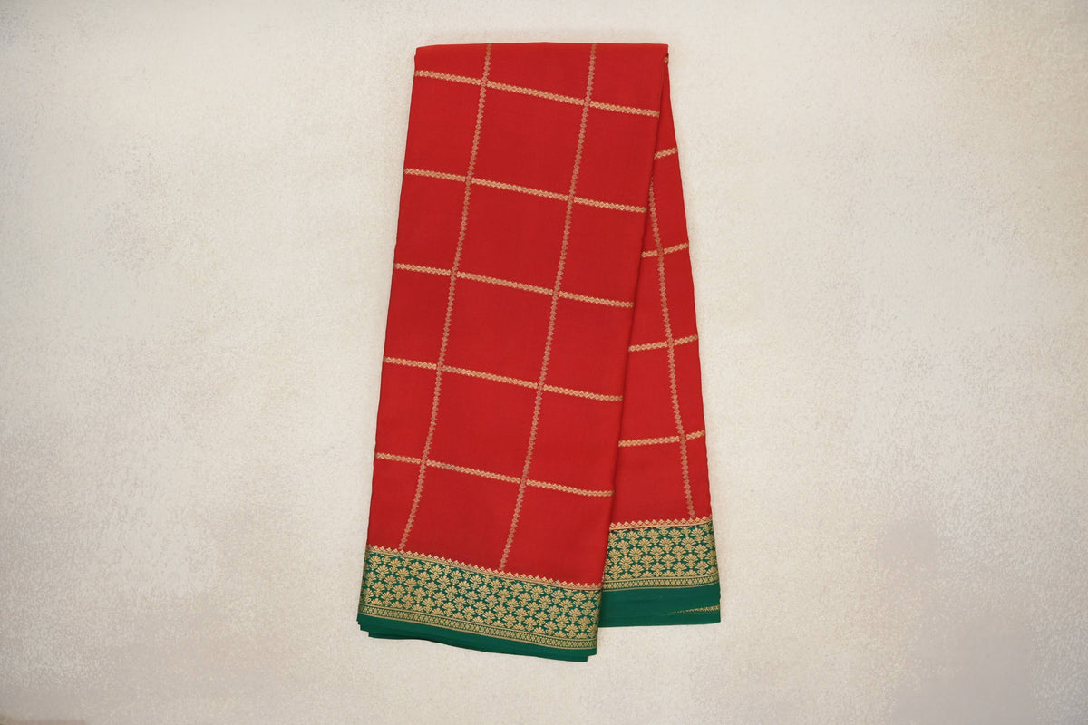 Tomato Red with Deep Emerald Green Borders Mysore Silk Saree by Shreenivas Silks PSSR0110123