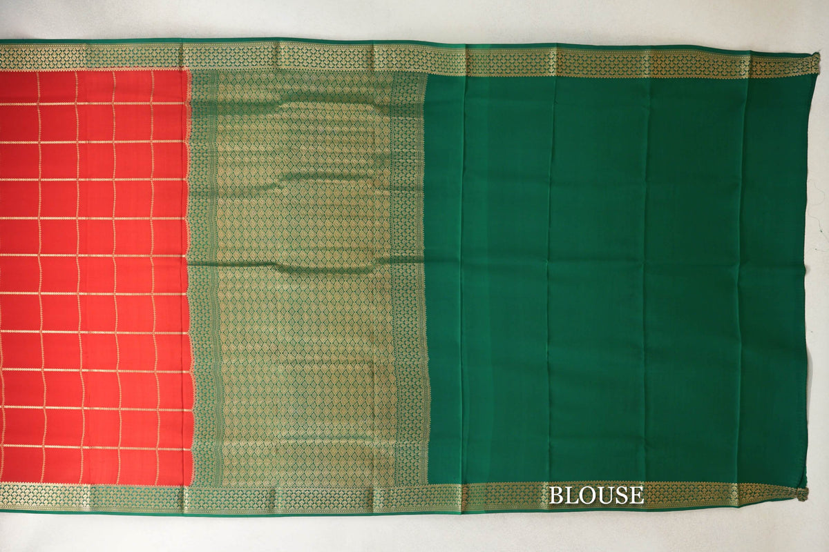 Tomato Red with Deep Emerald Green Borders Mysore Silk Saree by Shreenivas Silks PSSR0110123
