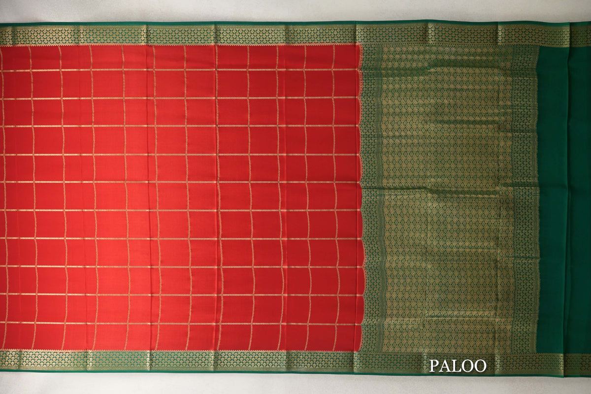 Tomato Red with Deep Emerald Green Borders Mysore Silk Saree by Shreenivas Silks PSSR0110123