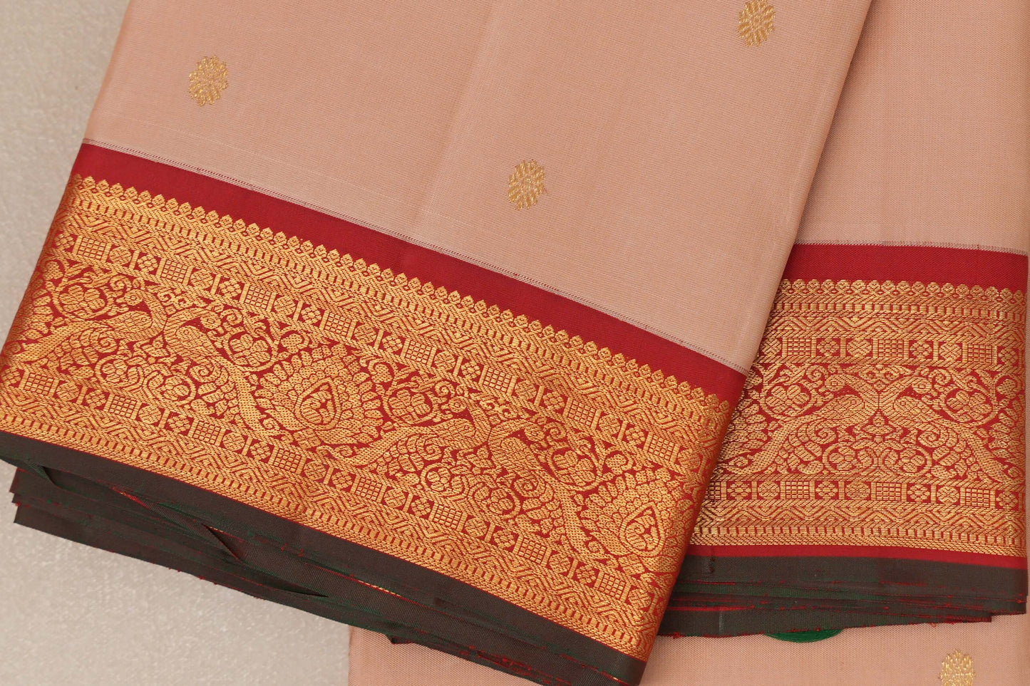 Sandal beige with  Red with Manthulir selvedge borders Vintage Kanjivaram Silk Saree by Shreenivas Silks PSSR018980