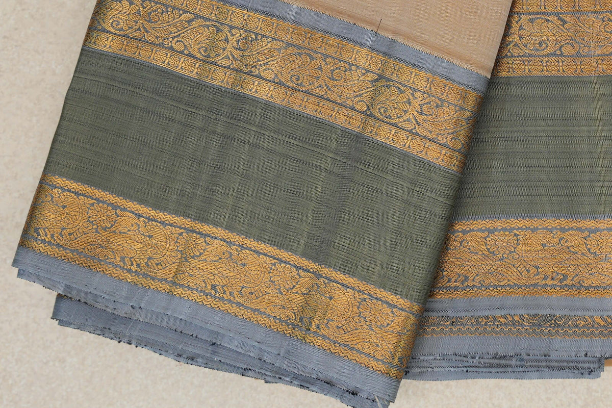 Cream Beige with Grey Blue Rettai Pettu Borders Vintage Kanjivaram Silk Saree by Shreenivas Silks PSSR0110128