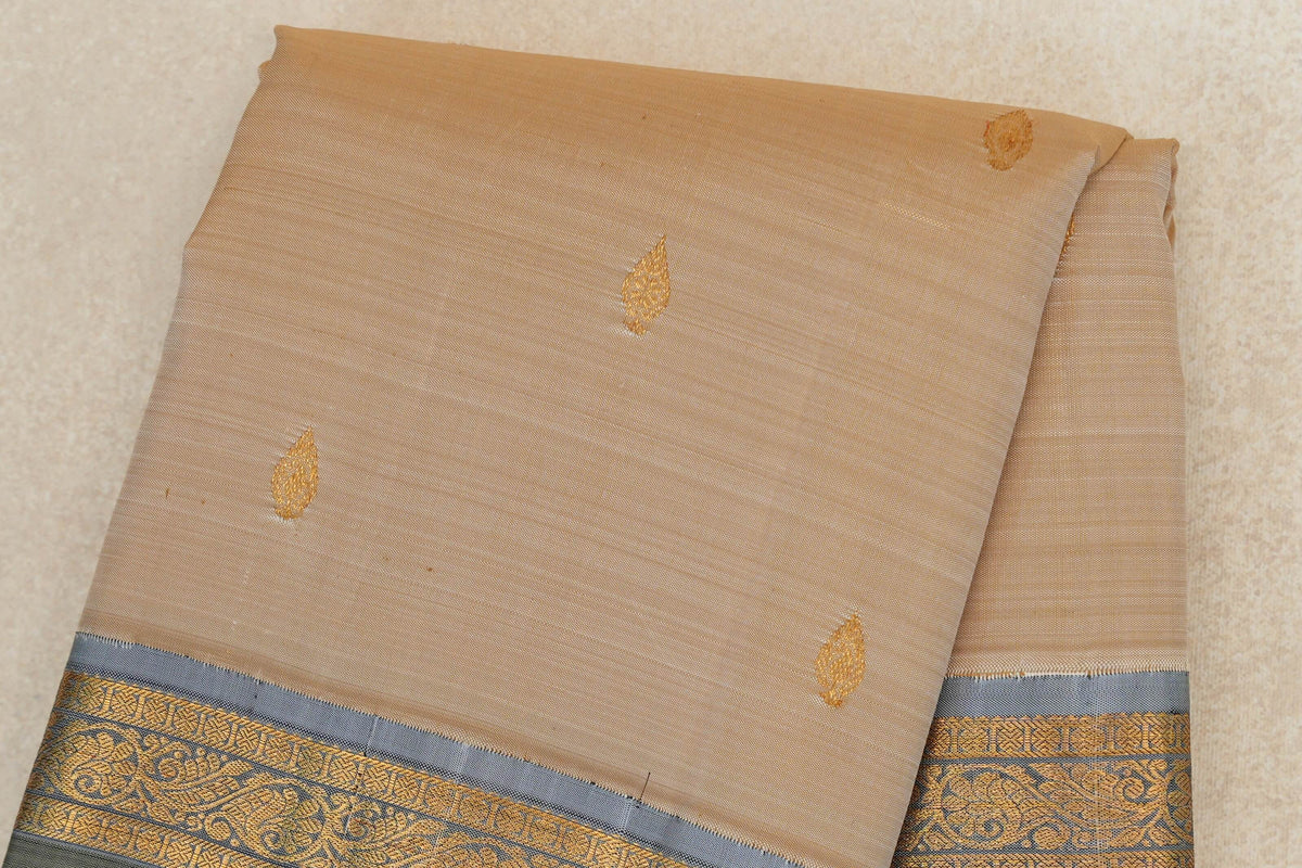 Cream Beige with Grey Blue Rettai Pettu Borders Vintage Kanjivaram Silk Saree by Shreenivas Silks PSSR0110128
