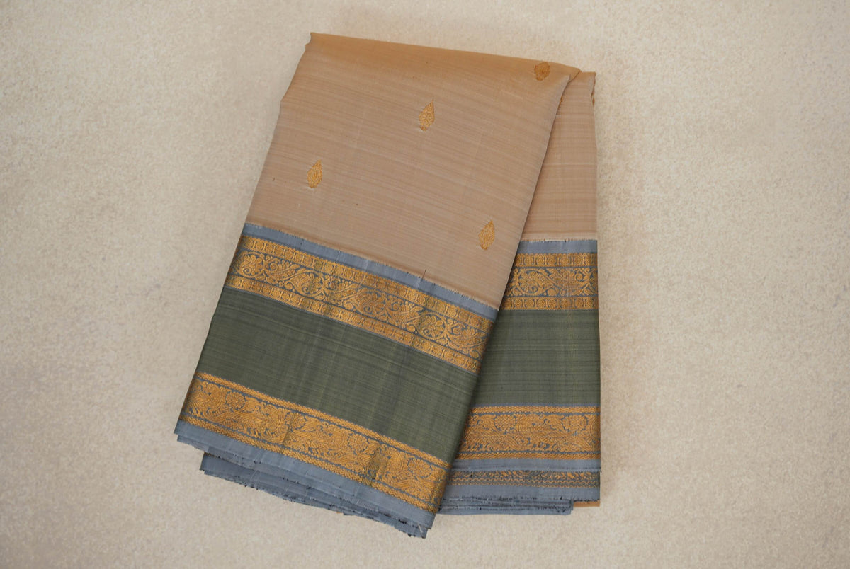 Cream Beige with Grey Blue Rettai Pettu Borders Vintage Kanjivaram Silk Saree by Shreenivas Silks PSSR0110128