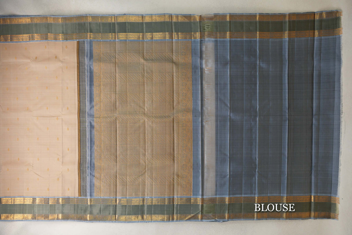 Cream Beige with Grey Blue Rettai Pettu Borders Vintage Kanjivaram Silk Saree by Shreenivas Silks PSSR0110128