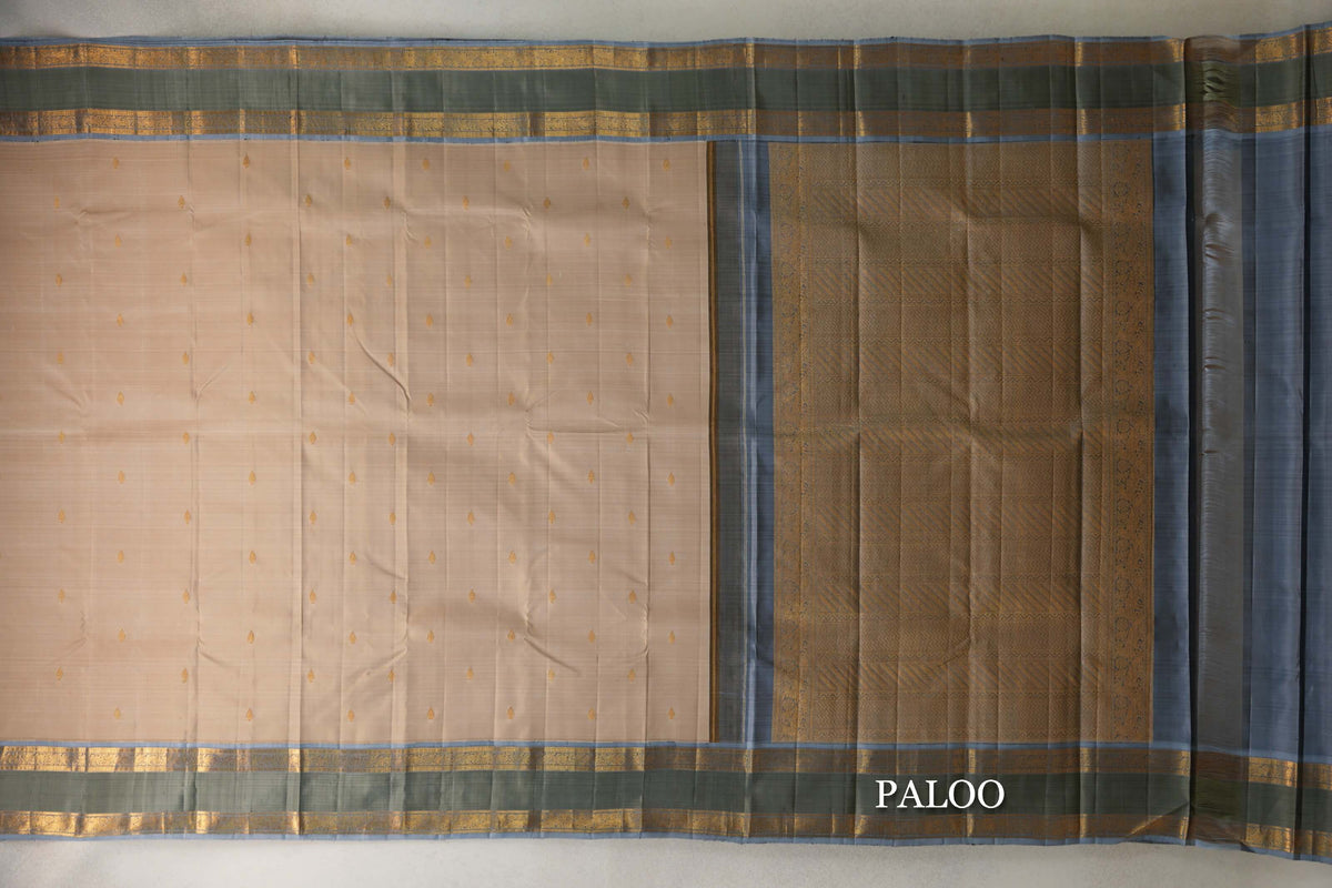 Cream Beige with Grey Blue Rettai Pettu Borders Vintage Kanjivaram Silk Saree by Shreenivas Silks PSSR0110128