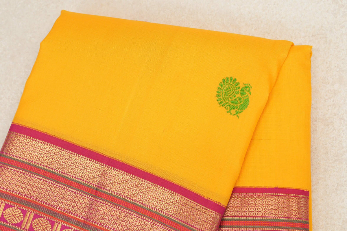 Mango Yellow with Deep Pink Borders Vintage Kanjivaram Silk Saree by Shreenivas Silks PSSR0110129