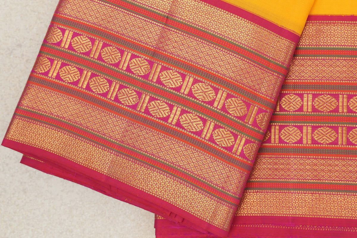 Mango Yellow with Deep Pink Borders Vintage Kanjivaram Silk Saree by Shreenivas Silks PSSR0110129