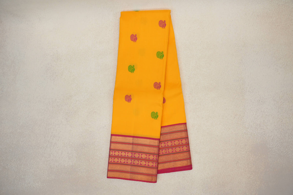 Mango Yellow with Deep Pink Borders Vintage Kanjivaram Silk Saree by Shreenivas Silks PSSR0110129