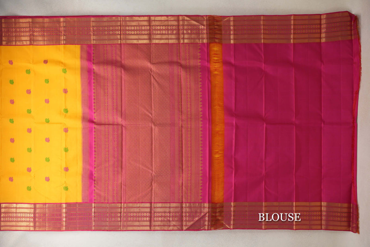 Mango Yellow with Deep Pink Borders Vintage Kanjivaram Silk Saree by Shreenivas Silks PSSR0110129