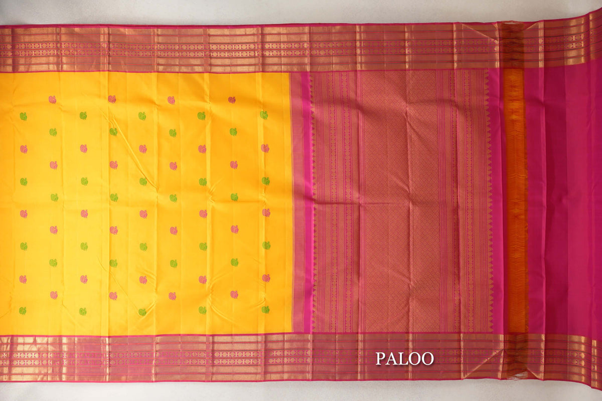 Mango Yellow with Deep Pink Borders Vintage Kanjivaram Silk Saree by Shreenivas Silks PSSR0110129