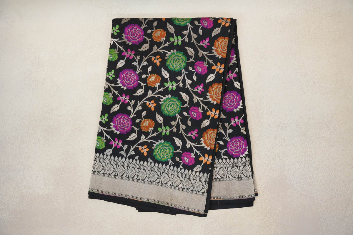 folded Black with Multi Color Floral Motifs Banarasi Silk Saree