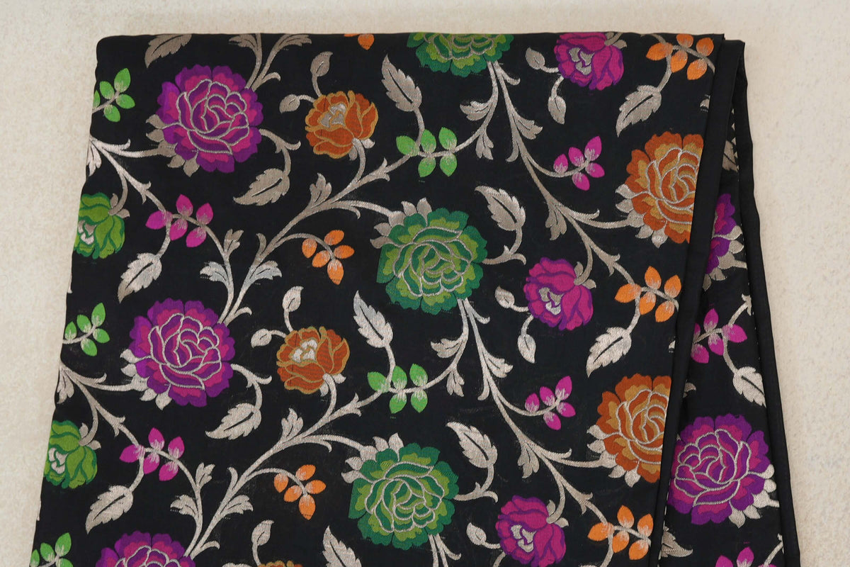 Black with Multi Color Floral Motifs Banarasi Silk Saree body zoom