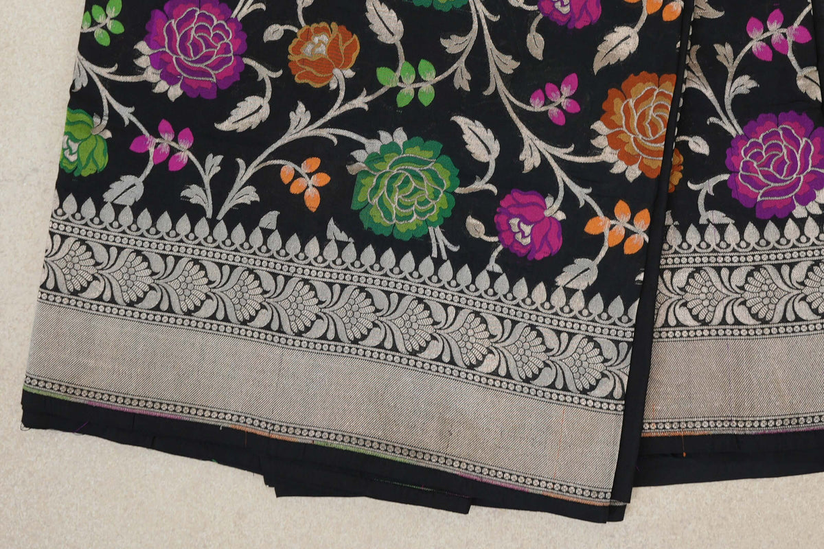 Black with Multi Color Floral Motifs Banarasi Silk Saree border zoom
