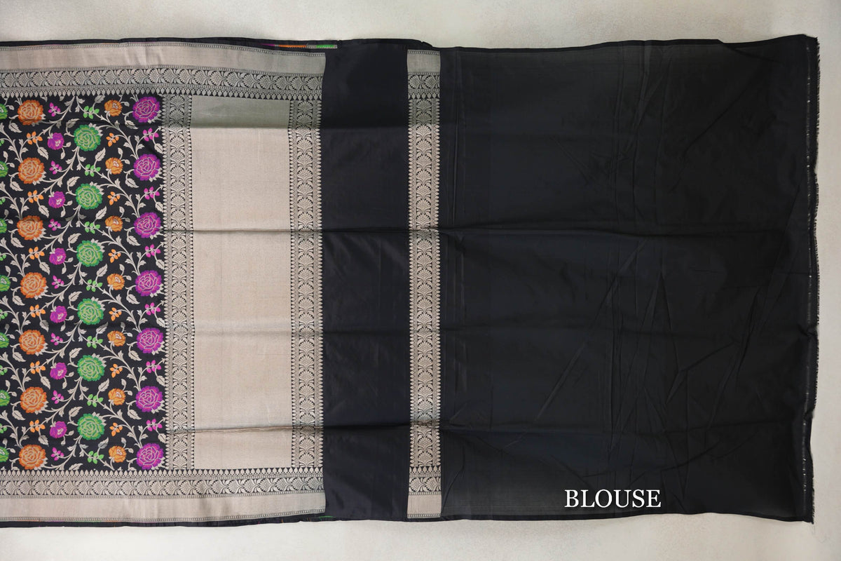 Black with Multi Color Floral Motifs Banarasi Silk Saree blouse