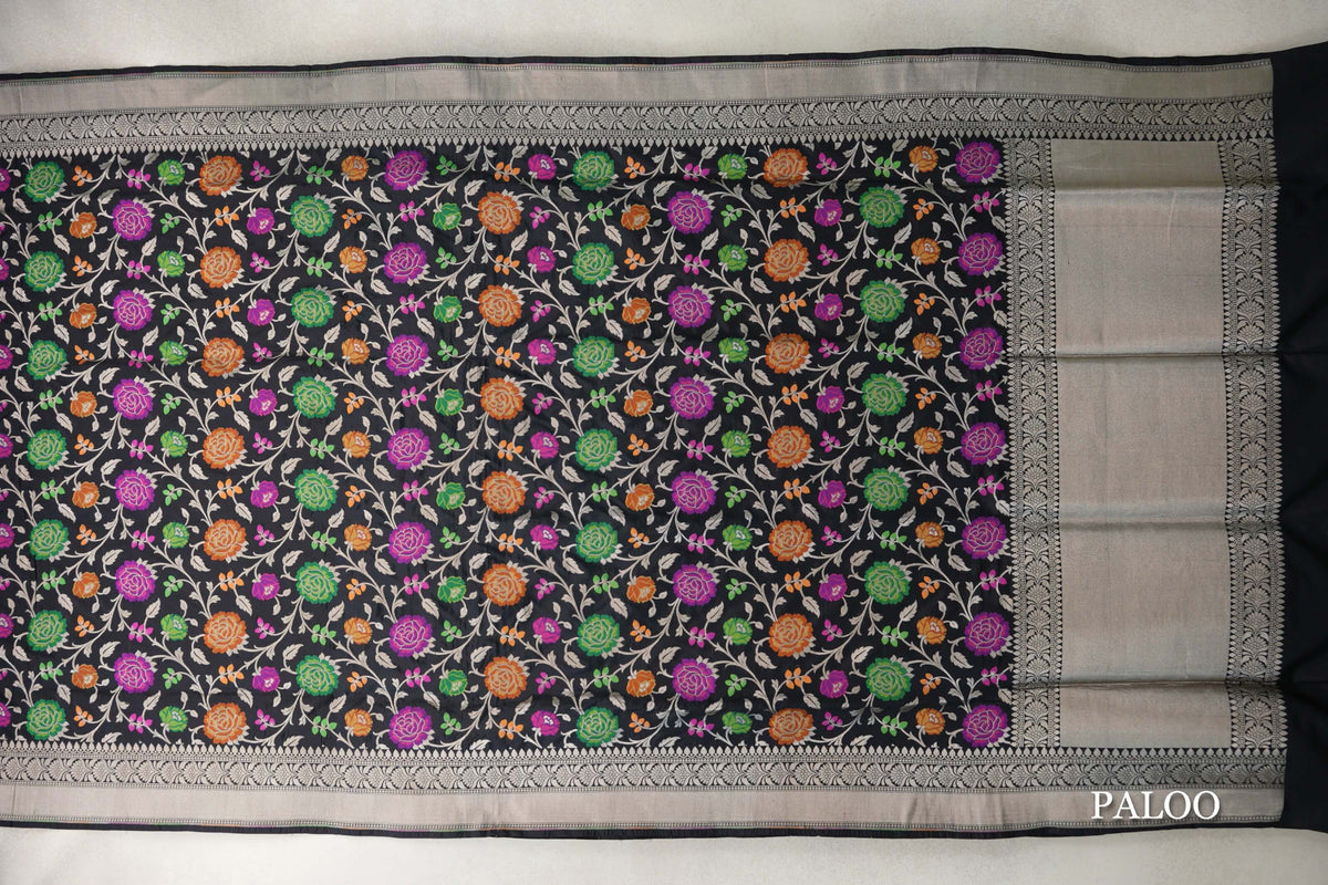 Black with Multi Color Floral Motifs Banarasi Silk Saree paloo