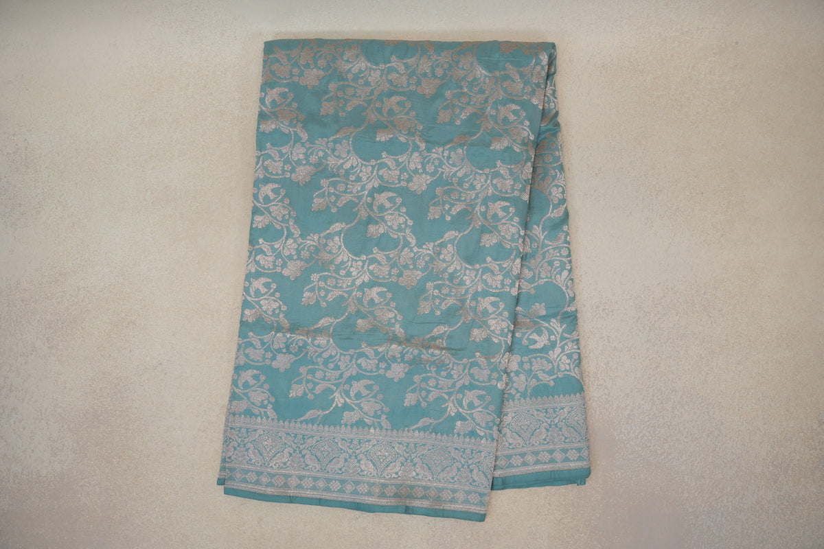 folded Powder Blue Banarasi Silk Saree 