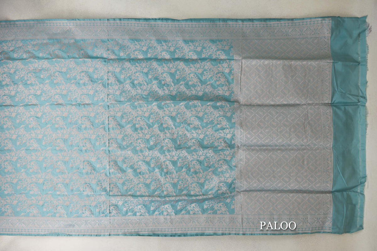 Powder Blue Banarasi Silk Saree  paloo