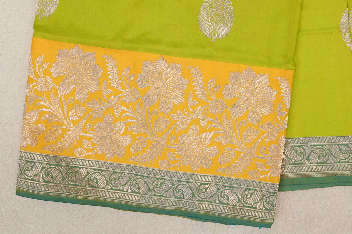 Lime Green Banarasi Silk Saree border zoom