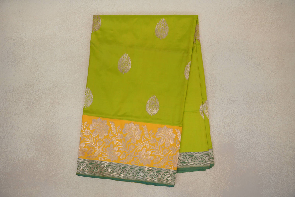 folded Lime Green Banarasi Silk Saree 