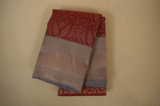 Maroon with Grey Borders Vintage Kanjivaram Silk Saree by Shreenivas Silks PSSR017948