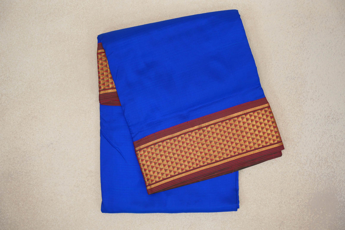 Bright Royal Blue with Maroon and Green Stripes Borders Ten Yards Silk Saree