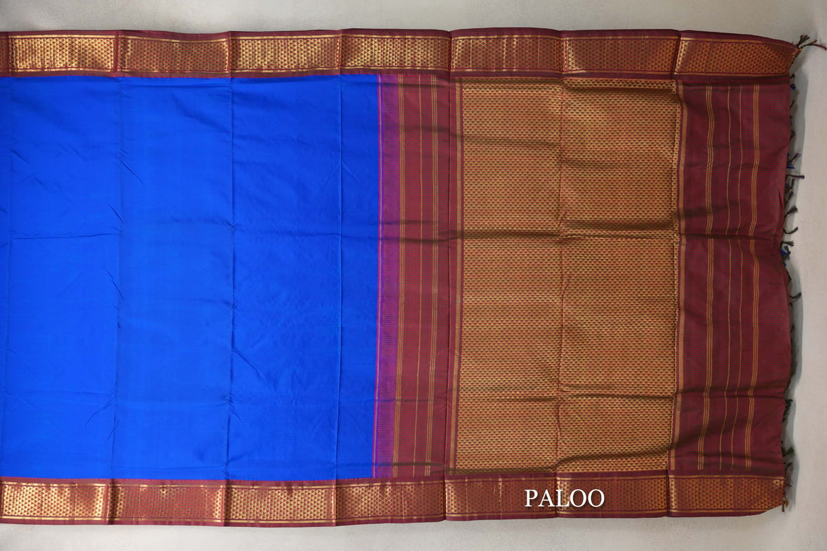 Bright Royal Blue with Maroon and Green Stripes Borders Ten Yards Silk Saree paloo