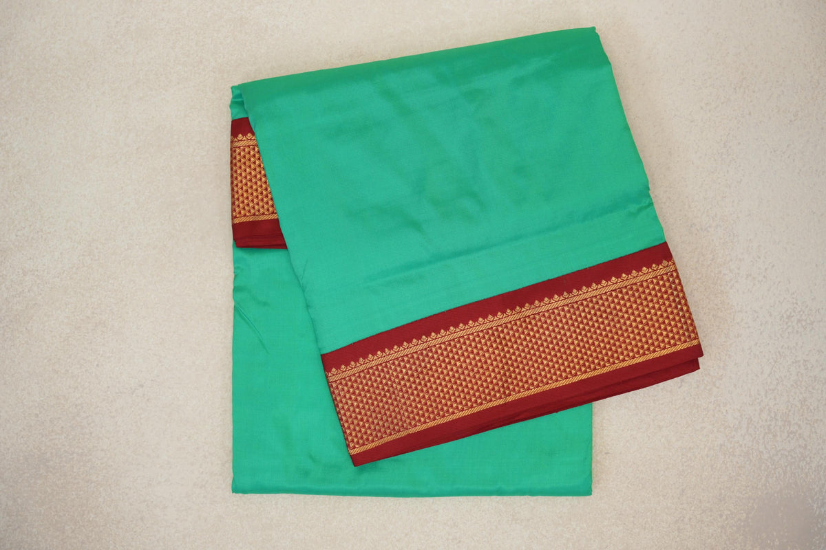 Bright Sea Green with Deep Maroon Borders Ten Yards Silk Saree
