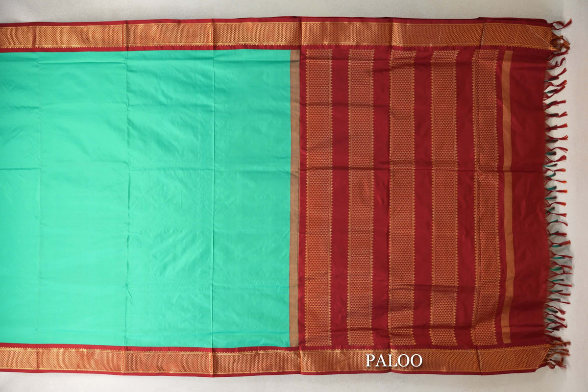 Bright Sea Green with Deep Maroon Borders Ten Yards Silk Saree paloo