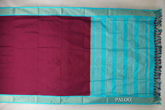 Beetroot Pink with Aqua Blue Borders Ten Yards Silk Saree paloo