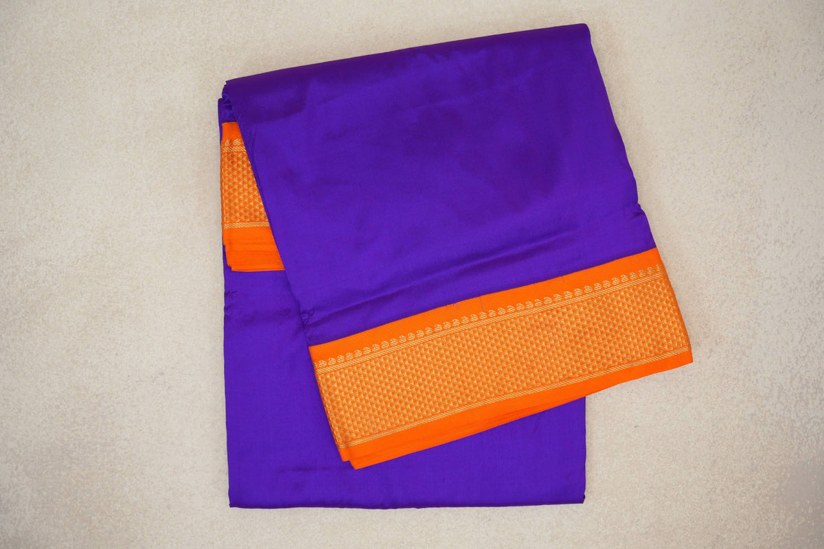 Violet Purple with Bright Orange Borders Ten Yards Silk Saree