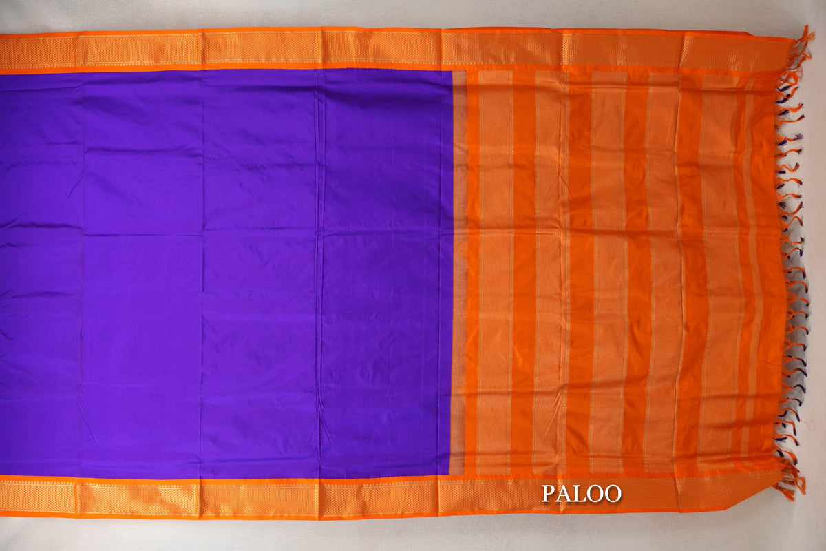 Violet Purple with Bright Orange Borders Ten Yards Silk Saree paloo