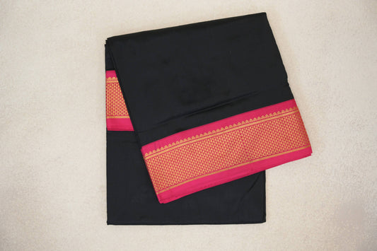 Black with Rani Pink Borders Ten Yards Silk Saree