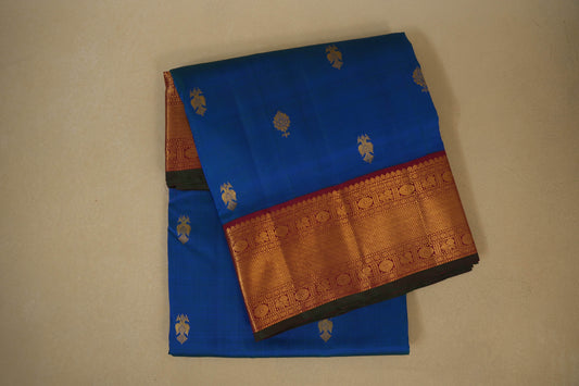 Peacock Blue with Maroon Borders Ten yards silk saree by Shreenivas silks PSSR017951