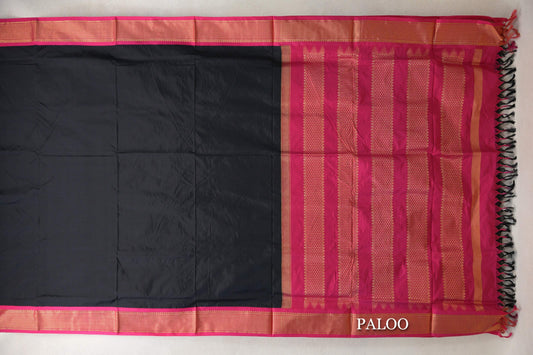Black with Rani Pink Borders Ten Yards Silk Saree paloo