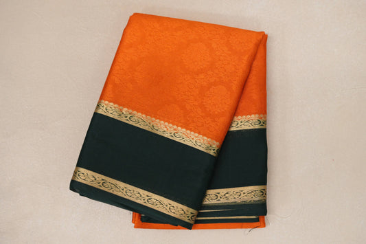 Bright Orange with Bottle Green Borders Mysore Silk Saree by Shreenivas Silks PSSR019002 - Parisera