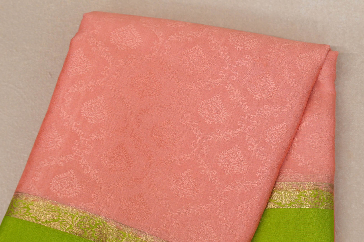 Peach with Parrot Green Borders Mysore Silk Saree by Shreenivas Silks PSSR019004