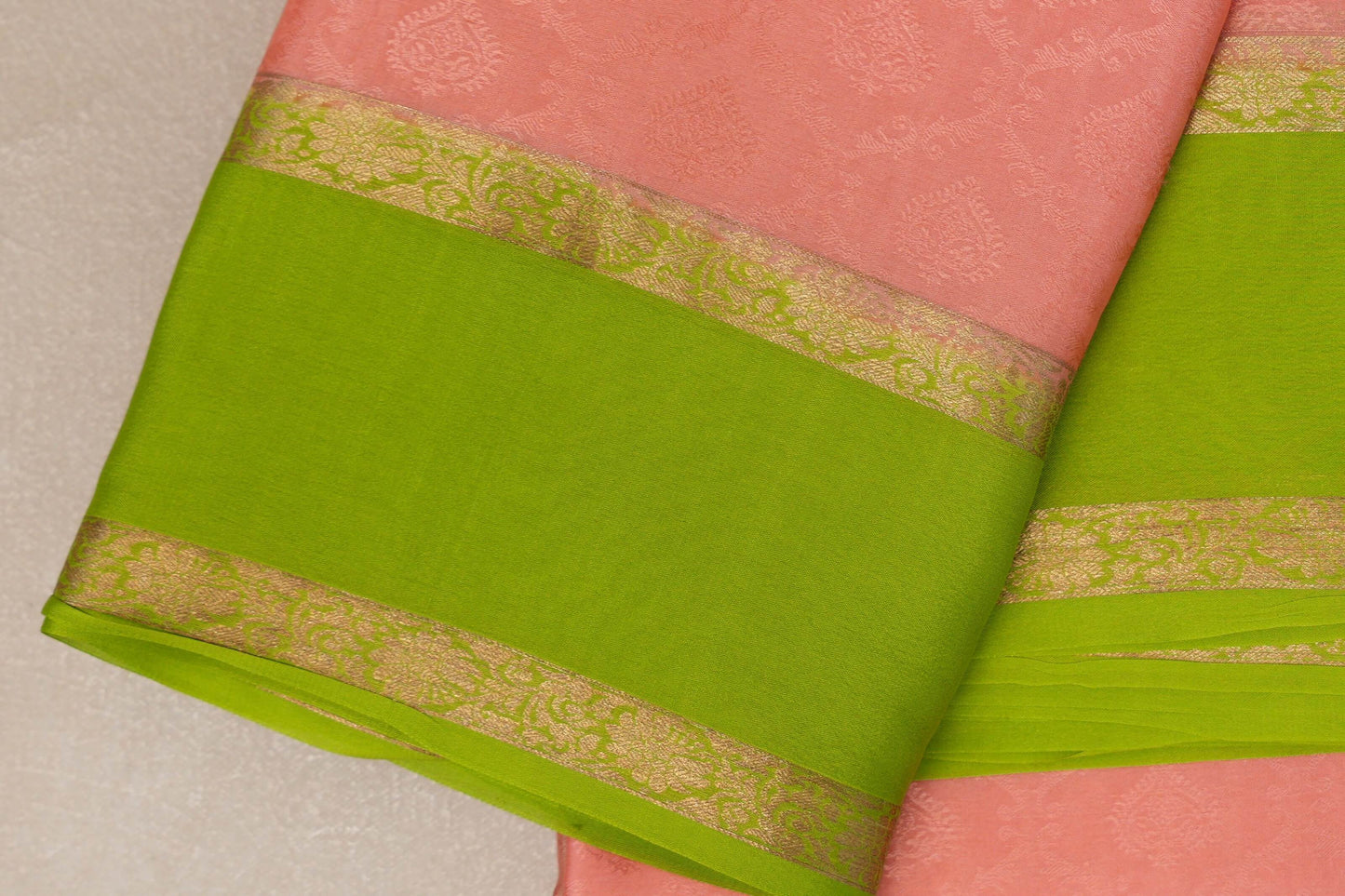 Peach with Parrot Green Borders Mysore Silk Saree by Shreenivas Silks PSSR019004