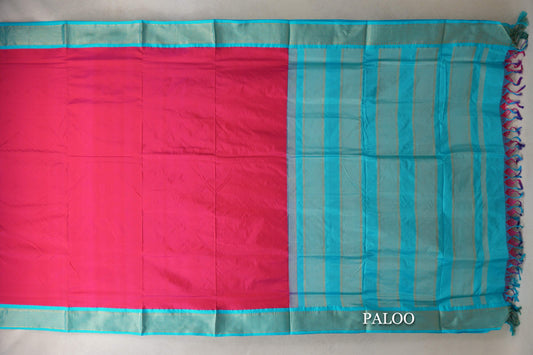 Orangish Pink with Aqua Blue Borders Ten Yards Silk Saree paloo