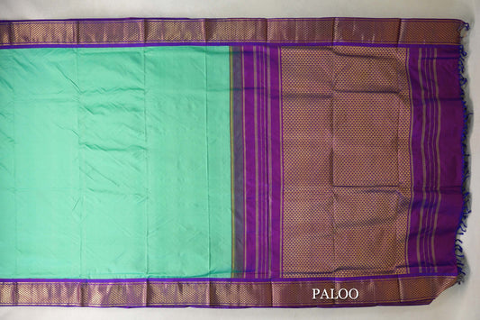 Mint Green with Violet Purple Borders Ten Yards Silk Saree paloo