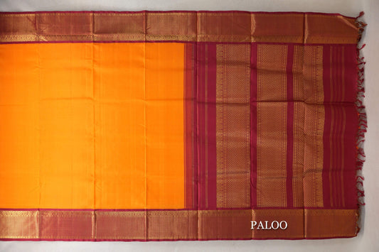 Mango Yellow with Deep Maroon Borders Ten Yards Silk Saree paloo