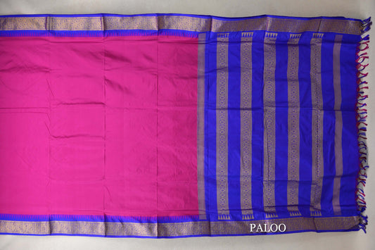 Deep Pink with Deep Royal Blue Borders Ten Yards Silk Saree paloo