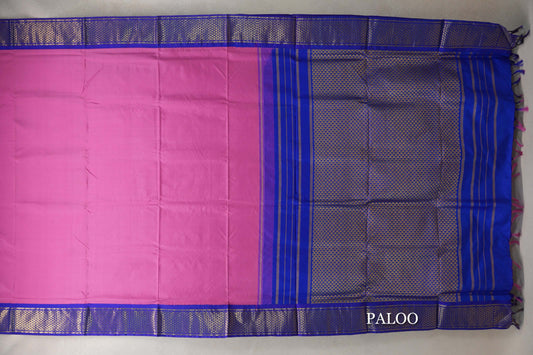 Dusty Pink with Bright Royal Blue Borders Ten Yards Silk Saree paloo
